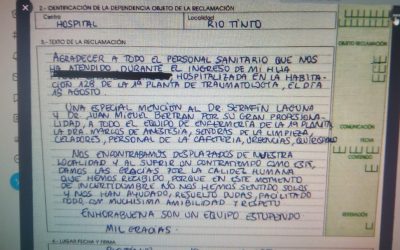 Una familia de vacaciones agradece en una hoja de reclamación la atención en el Hospital de Riotinto